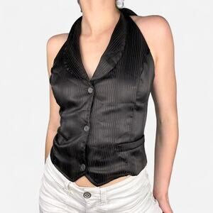 Brown tuxedo halter top backless collared button-up suiting-inspired size M